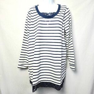 Woman Within Striped Lace Trim Long Sleeve Top L